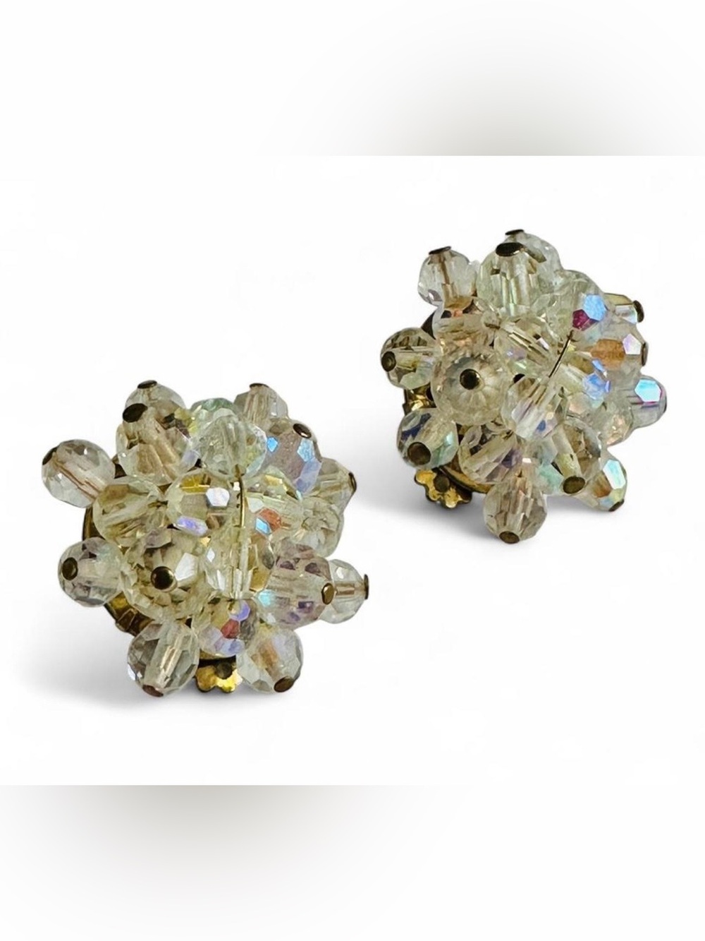 Vintage 1950s Aurora Borealis Clear Bead Cluster Clip On Earrings Gold Tone MCM